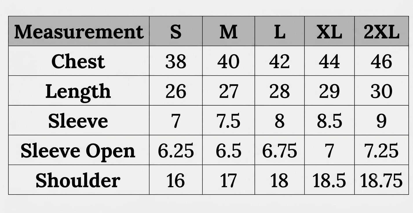 THREAD T-shirt size chart showing chest, length, sleeve, sleeve opening and shoulder measurements for S to 2XL